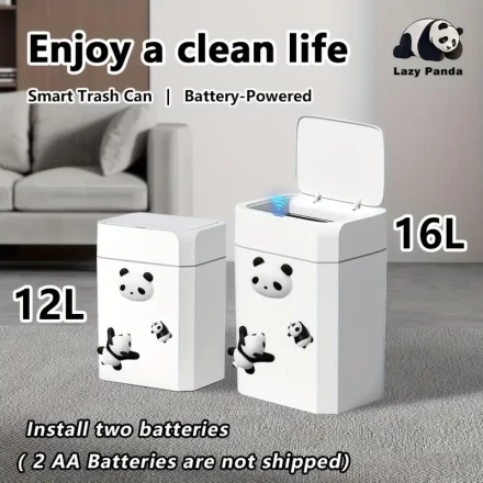 Lazy Panda Smart Trash Can with Infrared Sensor, 12L & 16L, Battery-Powered, Cute Cartoon Design for Home, Office, Bathroom - 2pcs (12L+16L)