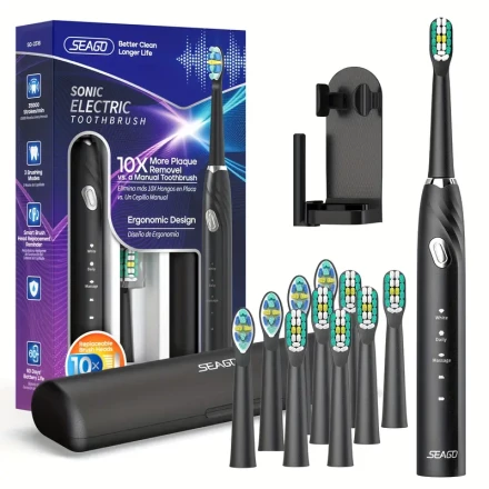 Seago Sonic Electric Toothbrush Kit - Rechargeable, 35,000 VPM, 3 Cleaning Modes, Includes 10 Brush Heads, USB Charging, Ergonomic Design with Travel Case & Stand, Ideal Family Gift, Black