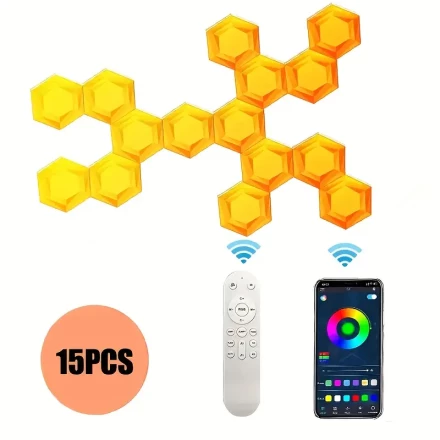 Hexagonal Smart LED Light Panel - App And Remote Control for Smart DIY Geometric Splicing And Synchronize with Music Great for Night Light And Ambient Lighting Music Synchronization, USB Powered, RGB