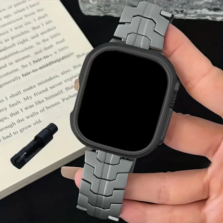 Stainless Steel Band for Apple Watch Ultra/Ultra 2, SE, Series 1-10 (49mm, 45mm, 44mm, 42mm) - Adjustable Metal Strap with Safety Clasp, Black Square Dial, Modern Design for Casual Attire, Versatile Watch Strap | Geometric Link Design | Durable Metal Cons