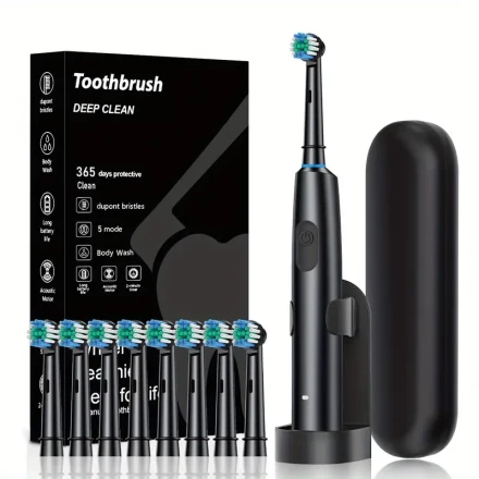 Rotating Electric Toothbrush for Adults with 8 Brush Heads, Electric Toothbrush with 5 Clean Modes and 2 Min Intelligent Timing, Type-C Rechargeable