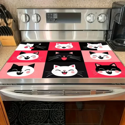 1pc Smiling Cat Color Block Stove Mat - Fun Cartoon Polyester Anti-Slip Kitchen Protector, Red & Black Playful Design with Whimsical Cat Faces, Perfect for Countertops and Appliances, Home Decor Accessory, Stove Top Protectors