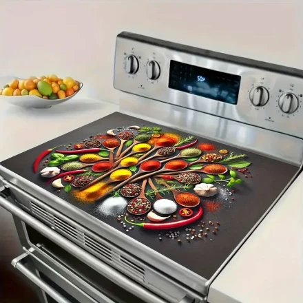 1pc of a Heat-Resistant Protective Pad for Stoves Featuring a Blackboard Design with Vegetables, Chili, And Seasoning Powder. It Measures 72.01 cm by 51.99 cm And Serves As a Glass Stove Protector. This Scratch-Resistant Cover Is Made from Natural Rubber 