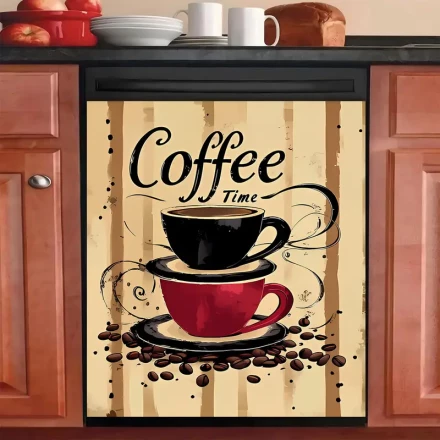 Coffee Cup Pattern Kitchen Dishwasher Decal, Magnetic Refrigerator Panel, Large Polished Metal Front Door Decoration, Dishwasher Cover Magnet, Coffee Time Design, PVC Material