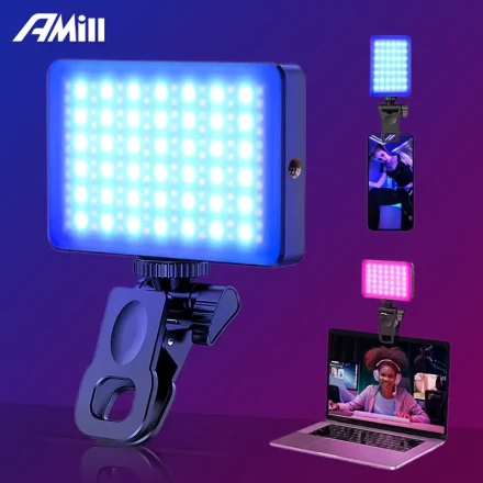 [Gentle] AMill 138 LED Clip-On Ring Light, USB Rechargeable, 15 Brightness Levels, 16 RGB Modes, Portable with Polymer Lithium Battery & USB Cable, Ideal for Video Conferencing and Live Streaming