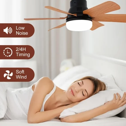 Vintage wood grain smart fan light, six blades with three-speed adjustable wind speed, easy to install, suitable for E26/E27 base, can be used in living room, bedroom, study room and other places, practical, beautiful and elegant