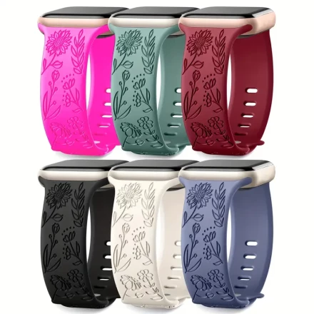 6-Pack Floral Silicone Bands Compatible with Apple Watch, Water-Resistant Engraved Flower Sport Straps, Butterfly Clasp, for Series Ultra 1-10 SE