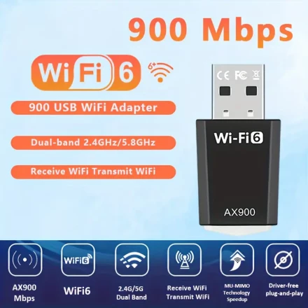 High-Speed USB 900Mbps WiFi6 Adapter - Dual-Band 2.4GHz & 5.8GHz, Supports 802.11ax for Enhanced Range & Performance, Strong Signal Penetration, Plug & Play, Windows & Linux Compatible