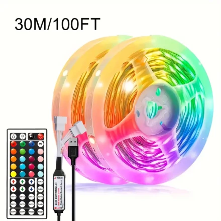 Vibrant RGB LED Strip Lights, 91.44cm-30.48meter Color Changing Indoor Lighting with 44-Key Remote Control, USB Powered, Multi-Color Sync for Bedroom, Room Decor, DIY Projects