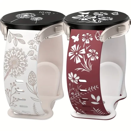 2-Pack Silicone Floral Engraved Bands for Samsung Galaxy Watch 7/FE/6/5/5 Pro/Watch 4 40mm/44mm/Watch 3 41mm/Active 2 - Cute Two-Tone Flower Design, Soft Sport Wristband, Non-Waterproof, 20mm Compatible