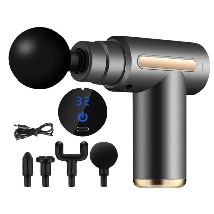 32-speed adjustable rechargeable LCD portable mini massage gun, handheld muscle massage gun with 4 head fascia massagers, a gift for women and men in the family