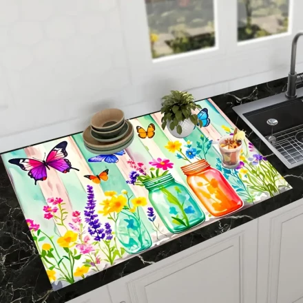 One Piece of Rustic Watercolor Glass Tiles Featuring Flowers And Butterflies, Designed As a Non-Slip Stove Cover Measuring 28.3 by 52.07 cm. It Is Heat-Resistant And Scratch-Resistant, Suitable for Electric Glass Stoves, And Can Also Be Used As a Flat Top
