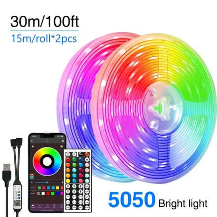 Vibrant 91.44cm-30.48meter RGB LED Strip Lights with 5050 Chips - Multi-Color, Dimmable, USB Powered with Smart App & 44-Key Remote Control for Bedroom, Party, Kitchen Lighting & More, LED Lights for Bedroom