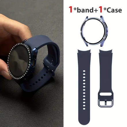 A Two-Piece Set Featuring a Solid Color Silicone Strap And a Diamond-Encrusted Protective Case, Designed for Samsung Watch FE/7/6/5/4. This Stylish Kit Includes a Shockproof Cover for 40Mm/44Mm Dials, Making It a Perfect Gift Set.