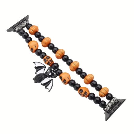 Halloween Black Bat Beaded Watch Band, Compatible with Apple Watch Series 10/9/8/7/SE/6/5/4, Breathable Glass Fiber Strap for Men and Women, 38/40/41/42/44/45/46/49mm, Unisex High-End Unique Design