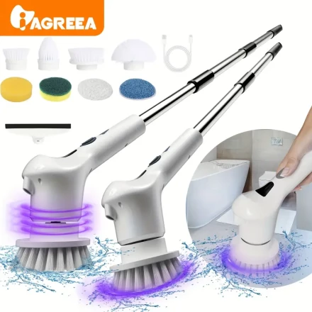 IAGREEA Electric Spin Scrubber, Electric cleaning brush, Motorized rotating cleaning brush, cordless brush with adjustable extension arm 9 interchangeable cleaning heads, 2 speeds Motorized shower brush for bathroom, bathtub, tile, floors