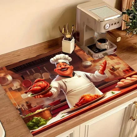 1pc Vibrant Chef & Roast Chicken Cartoon Stove Cover Mat - Non-Slip Polyester Kitchen Protector, Colorful Cooking-Themed Design for Home Decor, Fits Most Stovetops, Stove Top Protectors