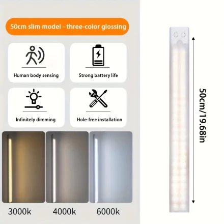 Fei Rui Ultra-Thin LED Motion Sensor Cabinet Light - Adjustable Three-Tone Counter Lighting, USB Rechargeable Battery - for Closet, Bookcase, Cabinet And Stair Lighting with Push-Button Switch And Desktop Mount