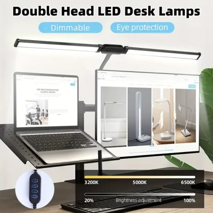 Double Head Clip-on LED Desk Lamp - 3 Modes, 10 Levels Of Brightness, Adjustable Angle, USB Adapter. Suitable For Reading, Studying, Piano, Monitors, Office.