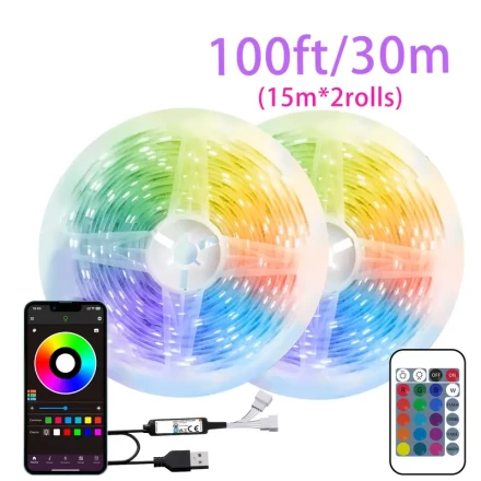 Smart RGB indoor strip lights, 91.44-3048.0 cm LED lights, remote control + APP control, APP control music synchronization and timing, DIY color, flashing mode, suitable for parties, bedrooms, weddings and holiday gift decor.