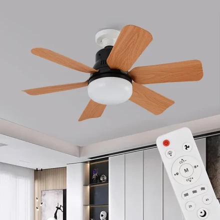 Modern Black 6-Blade LED Smart Ceiling Fan Light with Wood Grain Finish, 3-Speed Adjustable Fan & 3 Lighting Modes, E26/E27 Base, Remote Control for Living Room, Bedroom, Bathroom, and Storage Spaces