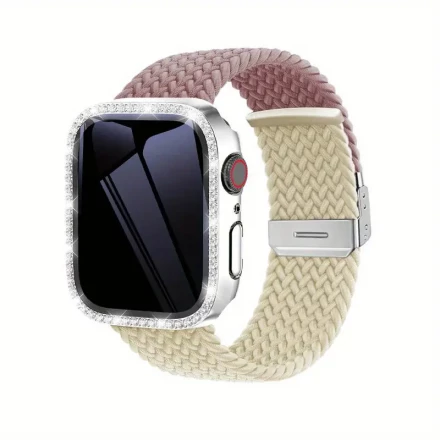 Luxury Braided Solo Loop Strap with Diamond Glass Cover for Apple Watch - Fits 40mm to 46mm, Compatible with Series SE/10/9/8/7/6/5