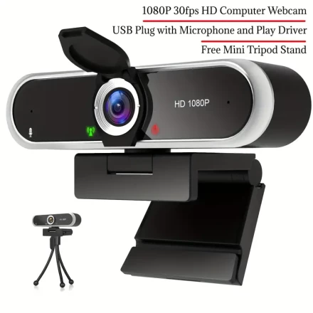 1080P HD Webcam with Microphone, Auto Focus & Light Correction - Plug and Play USB Computer Camera for Laptop, Desktop, Live Streaming, Video Calls, Online Lessons, Gaming - Includes Privacy Cover & Mini Tripod Stand, Live Streaming Accessory | Portable W