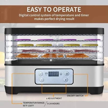 SENBOWE Smart Food Dehydrator with 5 Large Trays - Adjustable Temperature, 24-Hour Timer, Ideal for Dried Herbs, Fruits, Vegetables & Meat - EU Plug, Stainless Steel, for Winter