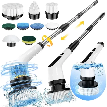 Electric Rotating Cleaner with a Wireless Brush Featuring a Battery Level Indicator, 9 Interchangeable Brush Heads, Double Speed, And a Detachable Telescopic Handle, Suitable for Cleaning Kitchens, Living Rooms, And Bathrooms.