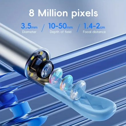 An 8-in-1 visual earwax removal kit - with camera, light and 8 ear spoons - Rechargeable lithium battery, formaldehyde-free, metal, plastic and silicone construction - Safe and convenient home earwax cleaning tool, a great gift for yourself