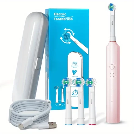 Orinatola Electric Toothbrush with Smart Timer, 4 Brush Heads, 3 Cleaning Modes, Round Tip, USB Fast Charge,, 600mAh Lithium Rechargeable Battery, USB Charging Electric Toothbrush for Adults