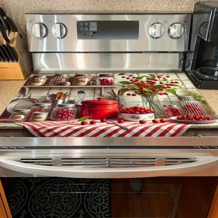 One Piece of a Cherry-Themed Retro Kitchen Design Stove Cover That Prevents Slipping, Measuring 28.3 by 52.07 cm. It Is Made from a Synthetic Material That Is Resistant to Heat And Scratches, Making It Ideal for Flat Top Stoves, Washing Machines, And Drye