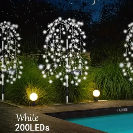 FACHOI Solar Powered Weeping Willow Tree String Lights, 100-200 LEDs, Multicolor/Warm White,, Switch Control, Detachable Fixture for Garden, Patio, Pathway, Fairy Lights, Mardi Gras Party Decor, ≤36V Nickel Battery