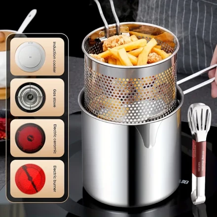 Stainless Steel Deep Fryer Pot, 304 Grade, 1.2L Capacity, with Built-in Drain Basket, Thickened Design, with Lid and Tongs, for Home, Party, Camping, Restaurant Use, Compatible with Various Stovetops