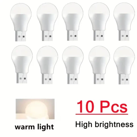 10-Pack Mini USB Night Lights, Eye Protection Bulb-Shaped Desk Lamps with White & Warm Light Options, Portable Reading Auxiliary Lights for Laptop & Power Bank, USB Powered, ≤36V Operating Voltage, No Battery Required