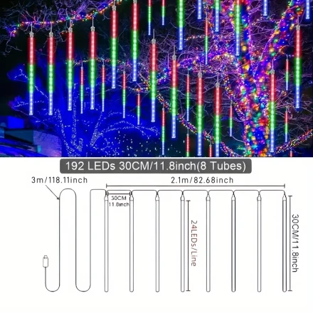 USB Meteor Shower Lights, 8 Tube 192pcs LED Thanksgiving, Christmas, Halloween, Wedding, Christmas Tree Decoration Union Lights