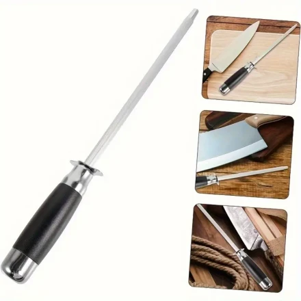1pc Professional Diamond-Coated Stainless Steel Knife Sharpening Rod - High Hardness, Durable Manual Honing Stick for Precision Kitchen Blade Sharpening, Ergonomic Black Handle, No Battery Required, Knife Sharpener