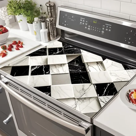 1pc, Anti-Slip Hood with Classic Black and White Tile Pattern, 71.88 x 52.07 cm, Heat-Resistant and Scratch-Resistant Synthetic for Flat Top Ovens, Machine - Home Kitchen Decorative Mats, Roof Protectors