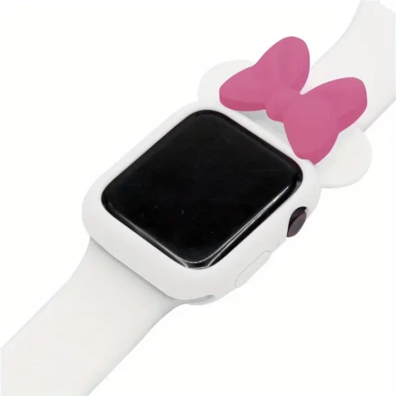 Cute Bear Ear Silicone Case for Apple Watch 10th Gen, Compatible with 42mm & 46mm - White Protective Cover with Pink Bow Design, Soft & Durable Smartwatch Shell, Apple Watch Case