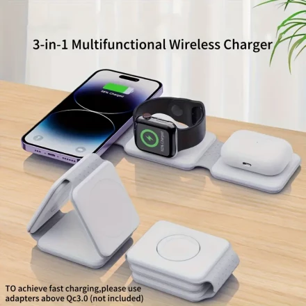 3-in-1 Foldable Wireless Charger for iPhone 15/14/13/12/11/X/8, Pro Max/Pro, iWatch, AirPods - USB Powered, Multi-Device Charging Dock, Ideal for Home, Travel, Car Use, Gift for Family & Friends - Plastic, No Feathers, All Seasons