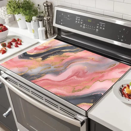 Integrated Stovetop Replacement Decor Kit 1pc Durable Polyester Gas Stove Cooktop Panel Protector with Elegant Pink & Golden Marble Design - Heat & Scratch Resistant, Easy to Clean - Suitable for Any Kitchen, Stovetop Protectors