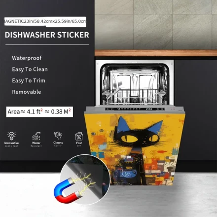 4pcs Set Black Cartoon Cat Magnetic Dishwasher Door Stickers, Easy Clean No-Glue PVC Decals for Dishwasher, Fridge - Kitchen & Home Decor, 58.42x65.0 cm
