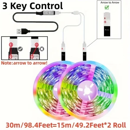 1-40 Meters RGB LED Strip Lights, Music Sync Color Changing 3Key Control USB Powered LED Night Light For Bedroom Room Home Decorative Party Festival Lighting