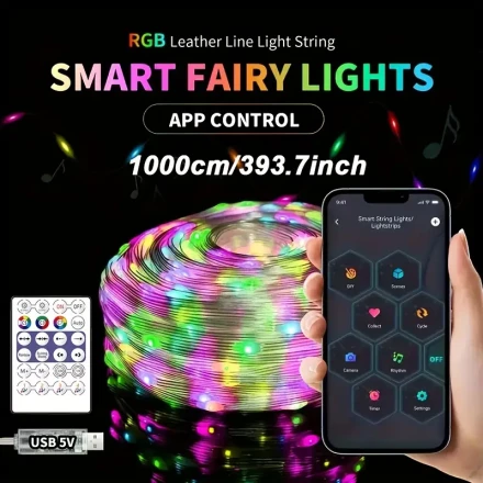 199.9 cm / 10.0 meter Vibrant Color-Changing Fairy String Lights - USB Powered, DIY Applications And Remote Control, Music Synchronization, Flickering Ambiance for Bedroom, Christmas Tree, Wedding, And Party Decorations.