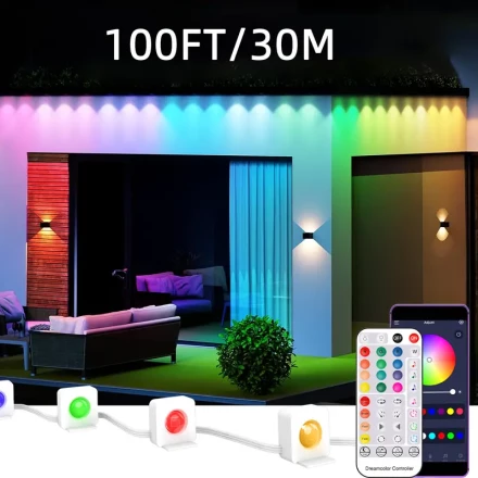 Smart RGBIC LED Eaves Lights - 5.0meter-30.48meter Outdoor Strip with App & Remote Control, Music Sync, Timer, for Christmas, Weddings, Bars, Coffee Shops