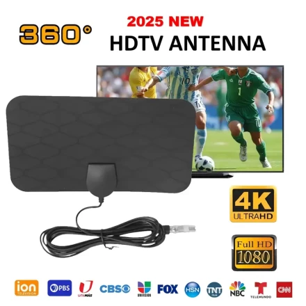 4K Ultra HD Amplified TV Antenna, 1080p Indoor Smart Switch Amplifier Signal Booster, Compatible with All Older TVs, 3m Coax HDTV Cable, No Battery Required, Receive Radio Signals Only