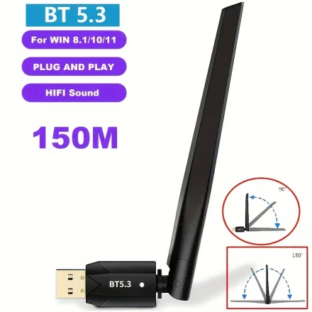 USB BT 5.3 Ultra Long Range Wireless Adapter, Maximum Open Range Connection Distance Up To 150M/49.21ft, USB Wireless Dongle Receiver For Desktop And Laptop PCs, Compatible With Windows8.1/Windows10/Windows11 Only, Suitable For Connecting To Wireless Devi
