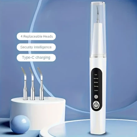 Rechargeable LED Tooth Cleaner Kit with 4 Interchangeable Brush Heads - USB Type-C Charging, Long-Lasting Lithium Battery