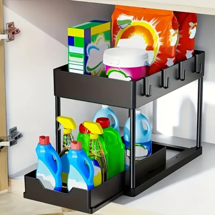 2-Tier Sliding Under Sink Organizer - Durable Space-Saving Drawer Basket with Practical Hooks, Fragrance-Free, All-In-One Plastic Storage Solution