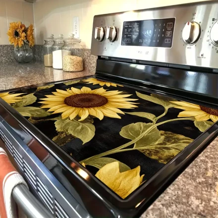 1pc Retro Black Background Sunflower Pattern Stove Cover Mat, Durable Polyester Anti-Slip Protective Mat for Stove and Desktop, Vibrant Kitchen Accessory for Home Decoration, Stove Top Protectors